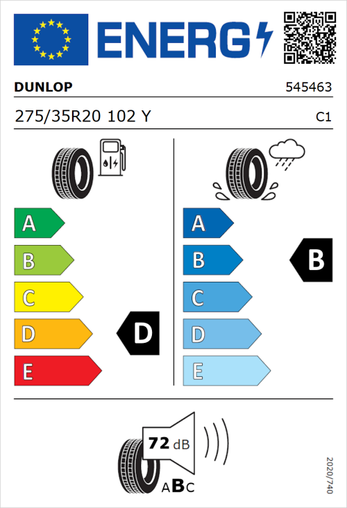 Tyre Label for Dunlop SP SPORTMAXX GT 275/35R20 102Y