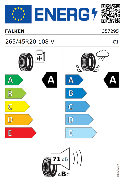 Tyre Label for Falken E.Ziex 265/45R20 108V