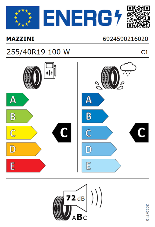 Tyre Label for Mazzini Eco 607 255/40R19 100W
