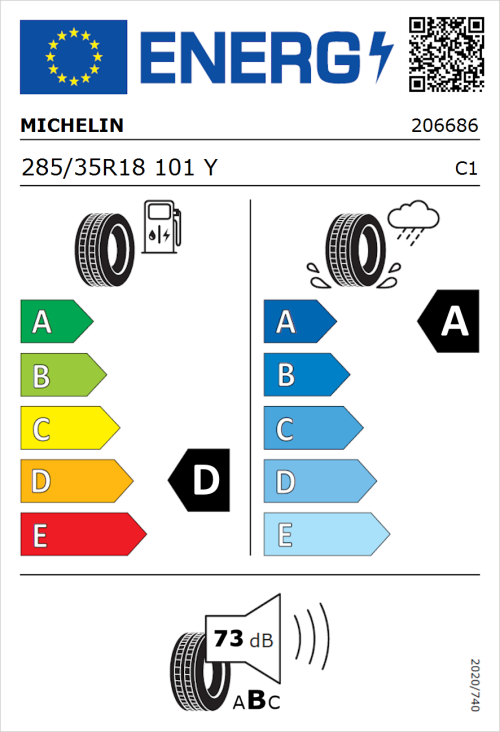 Tyre Label for Michelin Pilot Sport 3 285/35R18 101Y