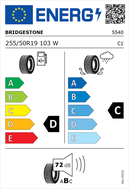Tyre Label for Bridgestone Dueler H/P Sport 255/50R19 103W